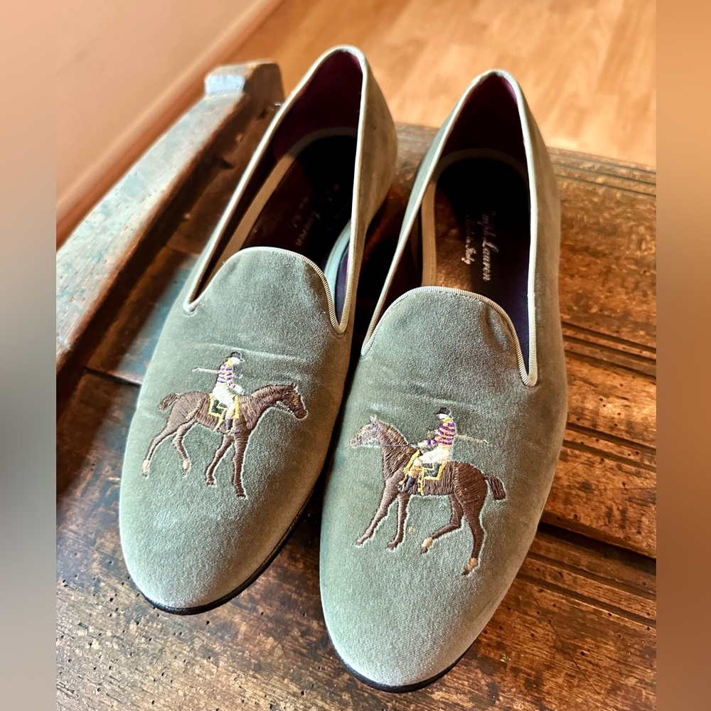 Ralph Lauren Purple Label Olive Velvet Slippers